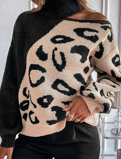 Leopard Patchwork High Neck Knit Pullover