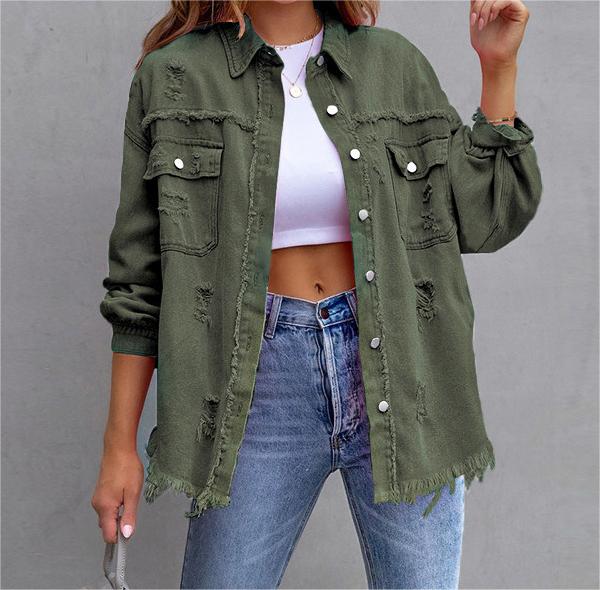 Solid Ripped Long Sleeve Denim Jacket