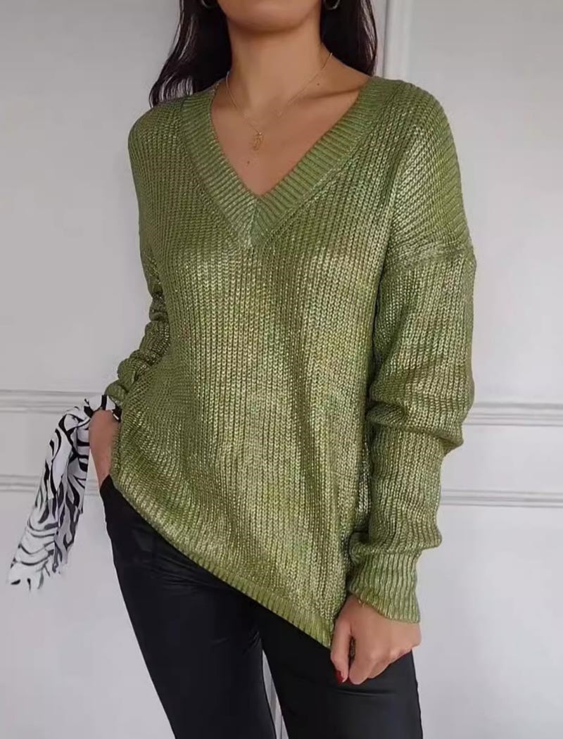 V Neck Metallic Knit Sweater