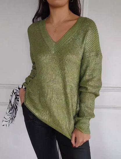 V Neck Metallic Knit Sweater
