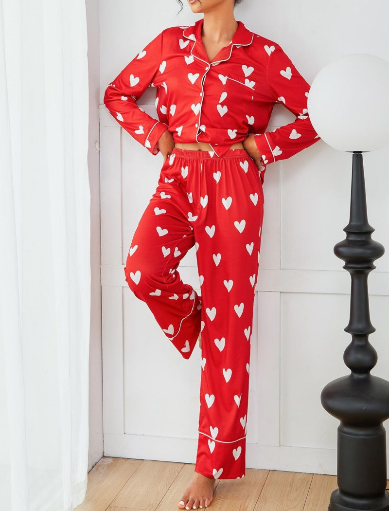 Heart Print Long Sleeve Shirt and Pants Set