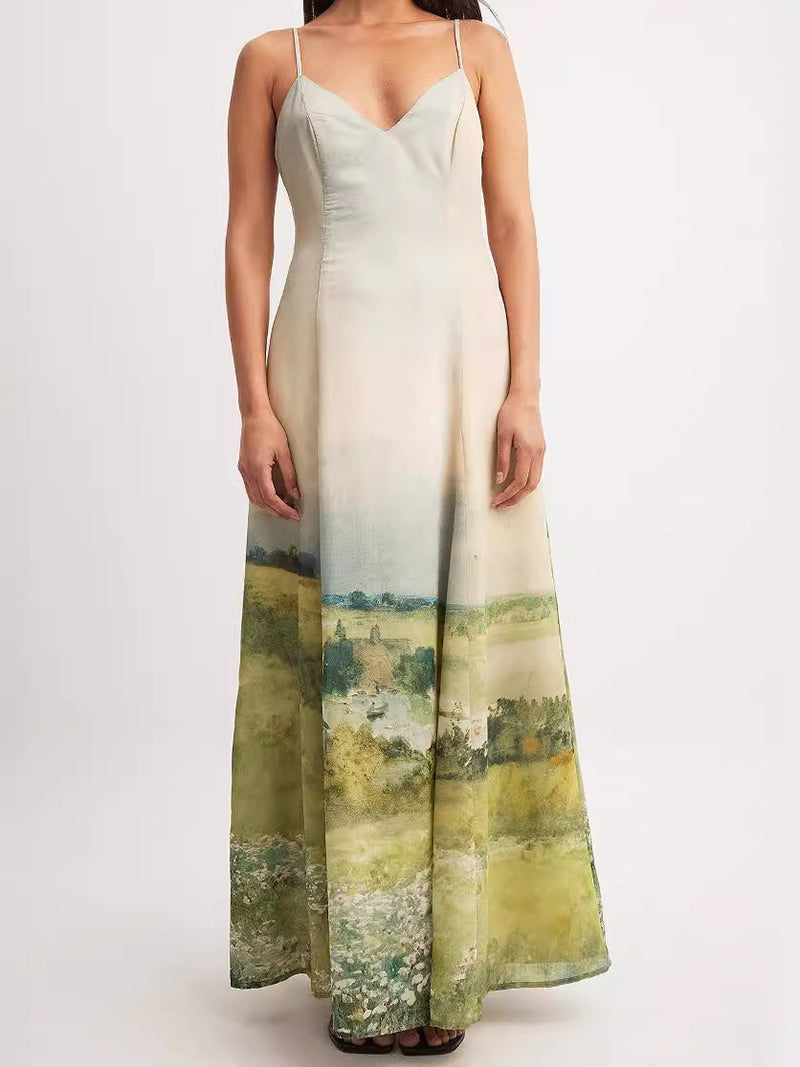 Spaghetti Strap Landscape Print Maxi Dress