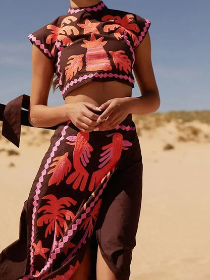 Graphic Print Crop Top and Skirt Set