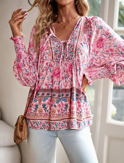 Printed Button-Down V-neck Long Sleeve Top