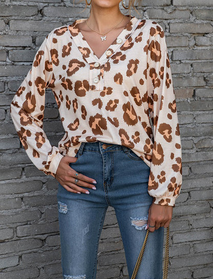 Leopard Print V-Neck Off-Shoulder Long Sleeve Top