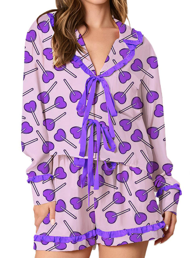 Heart Print Ruffled Pajama Set
