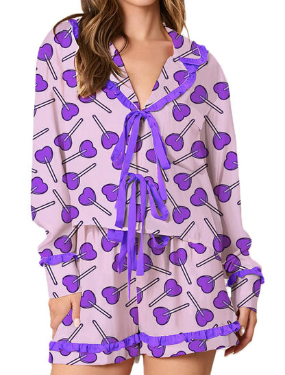 Heart Print Ruffled Pajama Set