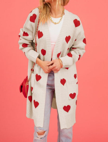 Heart Pattern Cardigan with Pockets