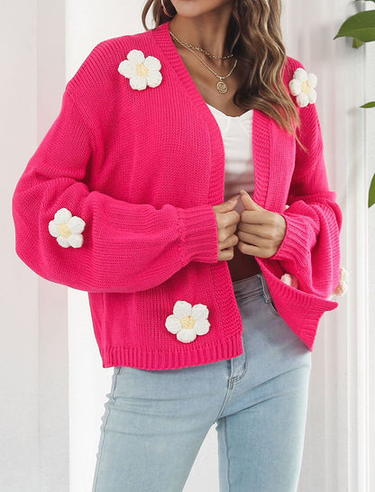 3D Flower Lantern Sleeve Knit Cardigan