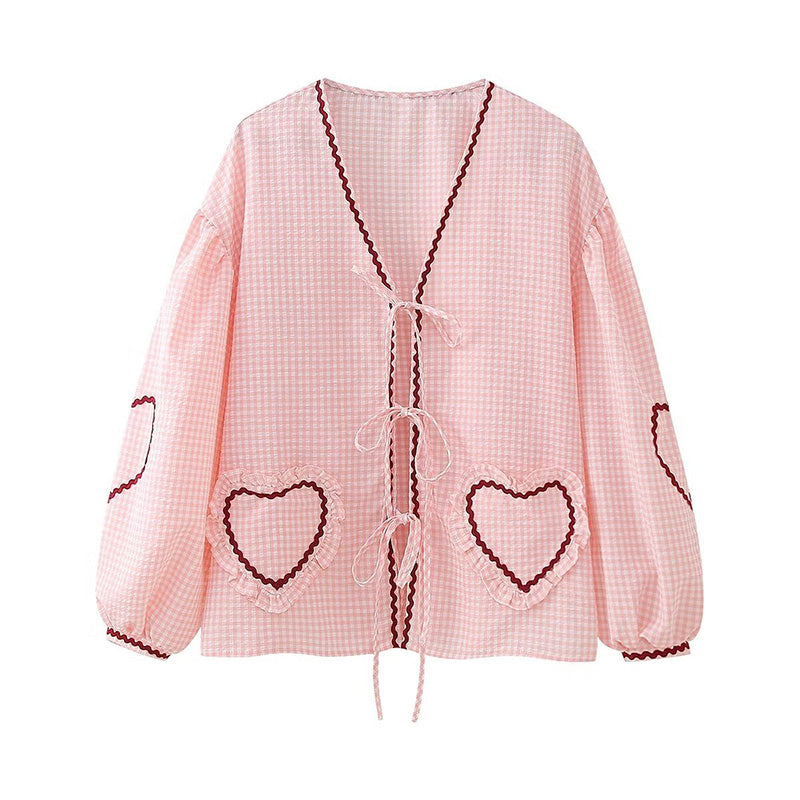 Gingham Heart-Pocket Cardigan