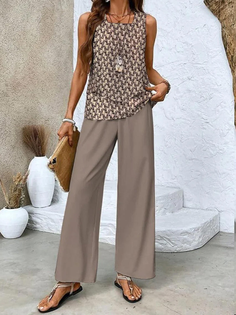 Layered Sleeveless Top and Wide-Leg Pants Set