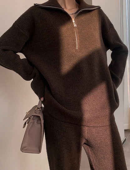 High Neck Zipper Pullover Sweater and Knit Wide-Leg Pants Set