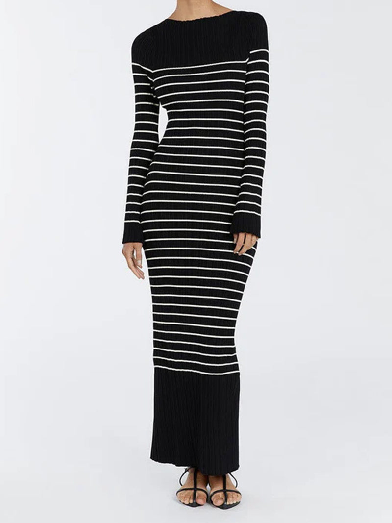 Striped Split-Hem Knit Dress