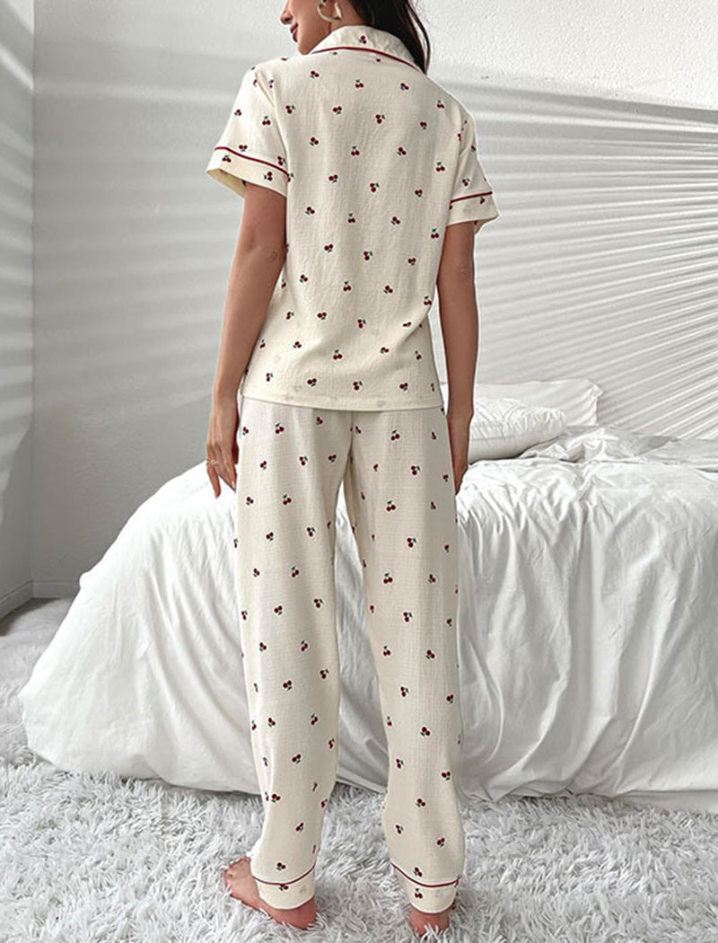 Cherry Print Top and Shorts Lounge Pajamas Set