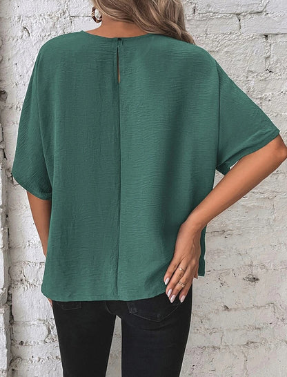 Solid Batwing Sleeve Knot Hem Loose Top