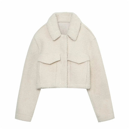 Sherpa Cropped Jacket with Flap Pockets