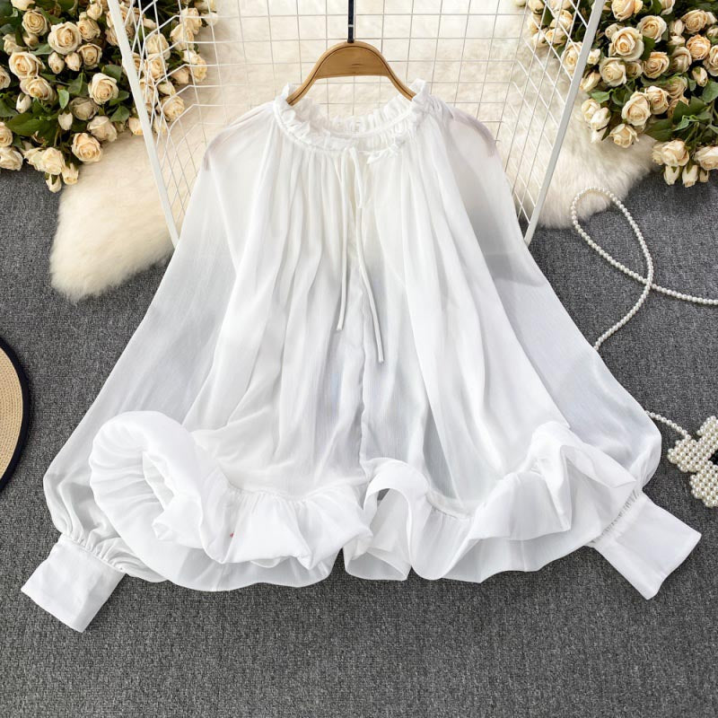 Loose Fit Ruffle Hem Chiffon Blouse