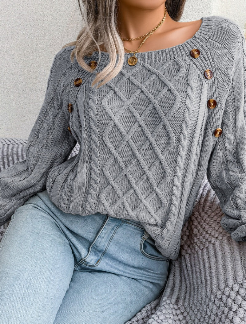 Cable Knit Sweater with Button Accents