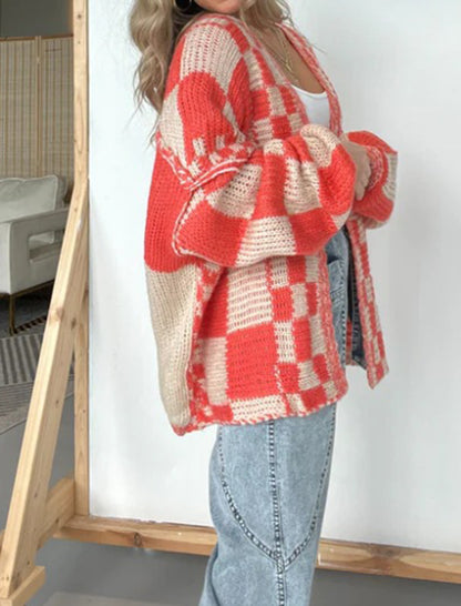 Checkered Open-Front Cardigan