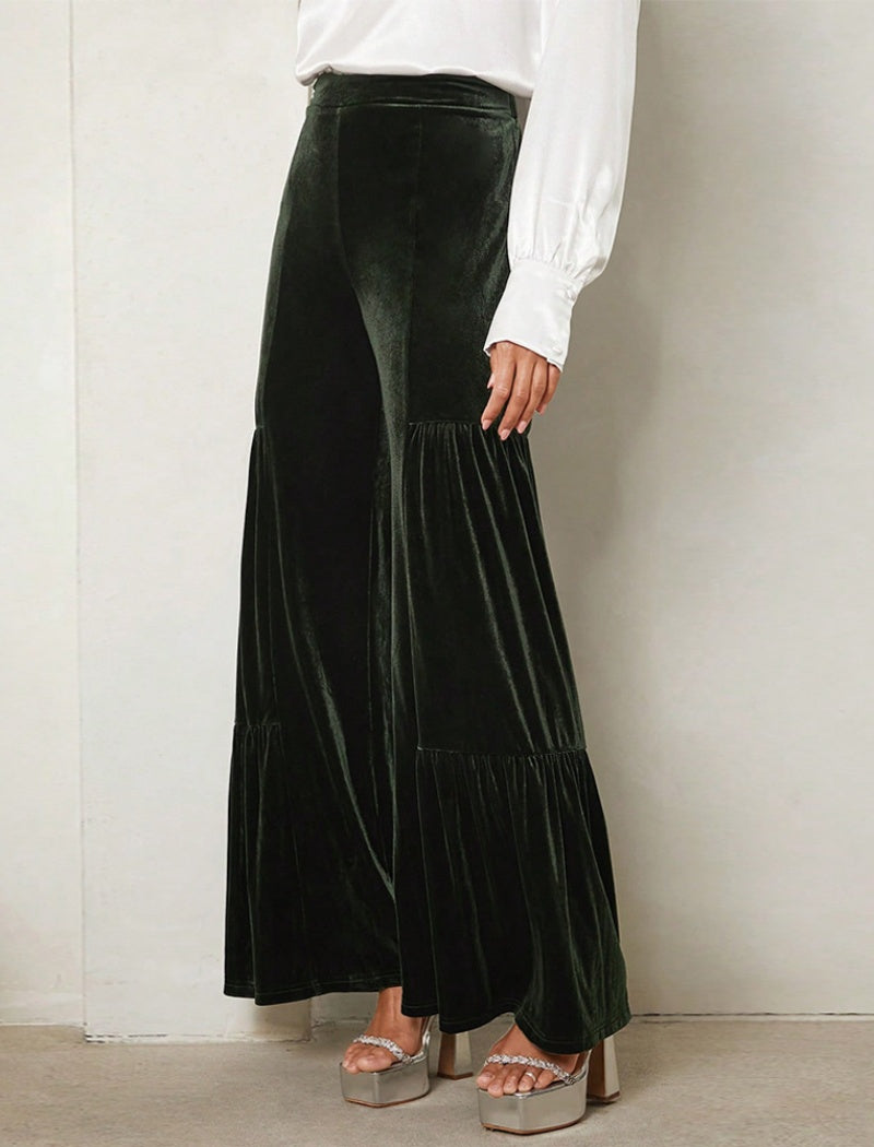 Velvet Tiered Wide-Leg Pants