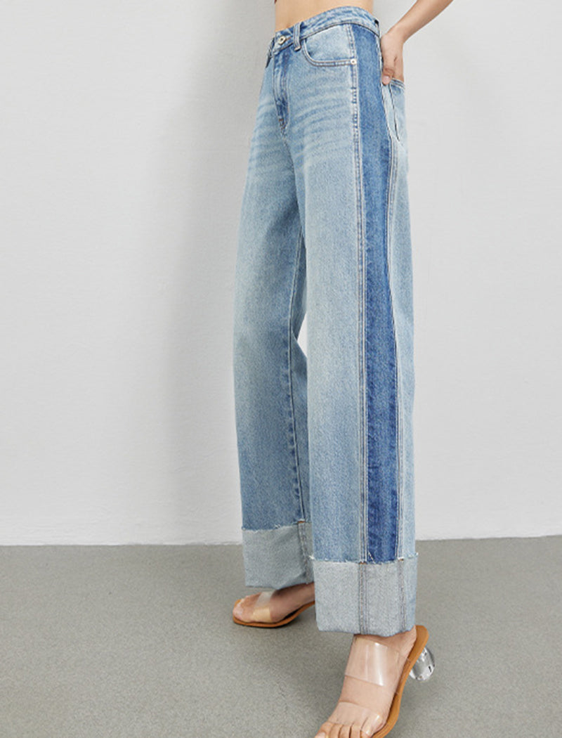 Colorblock Cuffed Wide-Leg Jeans