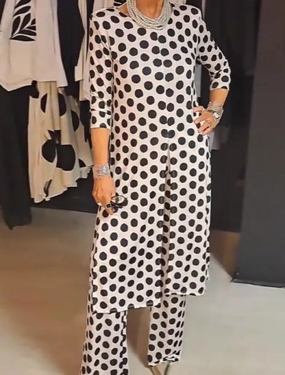 Crewneck Long Sleeve Split Polka Dot Pants Set