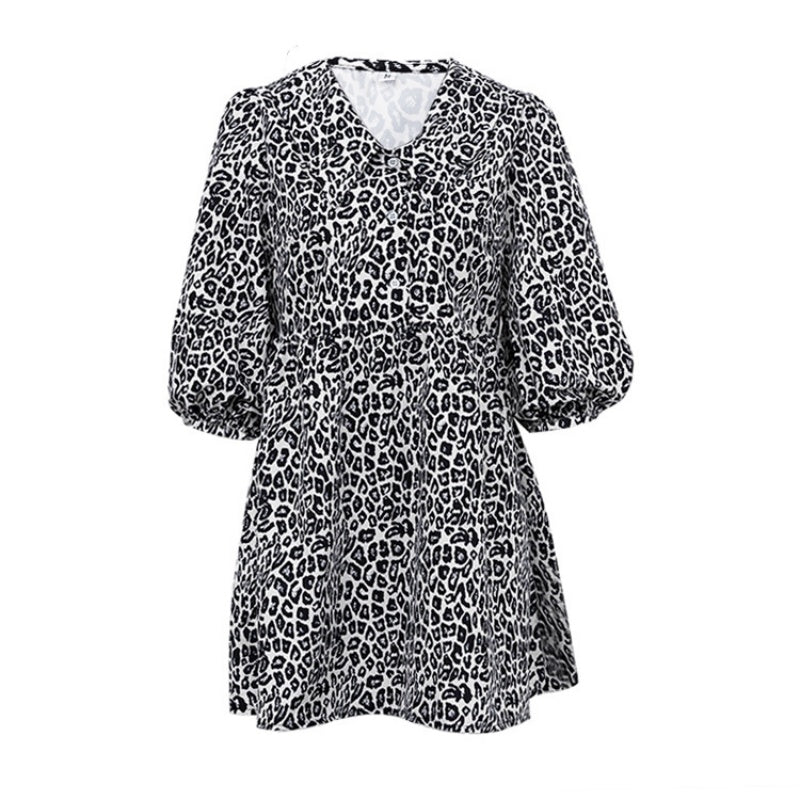 Belted Leopard Print Puff Sleeve Dress