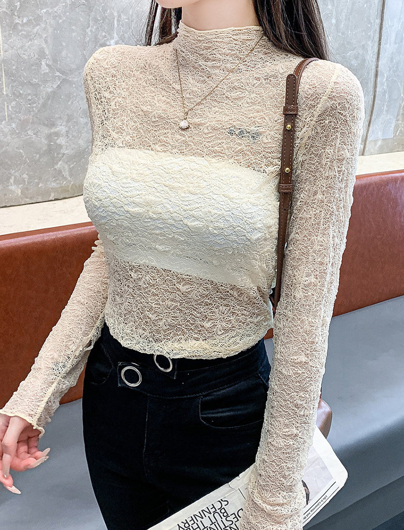 Mock Neck Sheer Lace Top