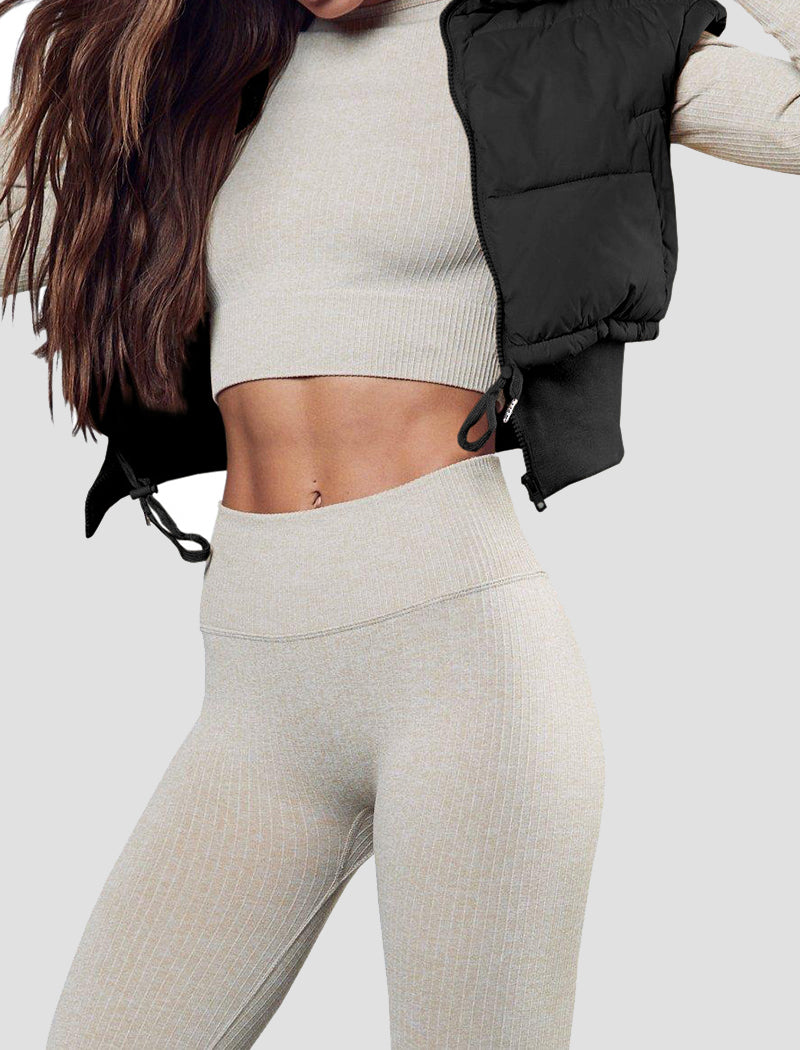 Crop Padded Vest with Drawstring and Zipper