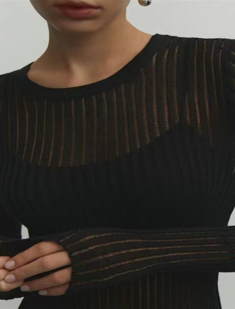 Sheer Ribbed Knit Long Sleeve Top