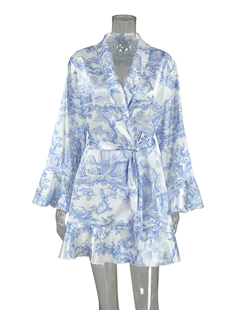 Printed Ruffle Sleeve Satin Robe