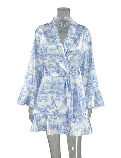 Printed Ruffle Sleeve Satin Robe