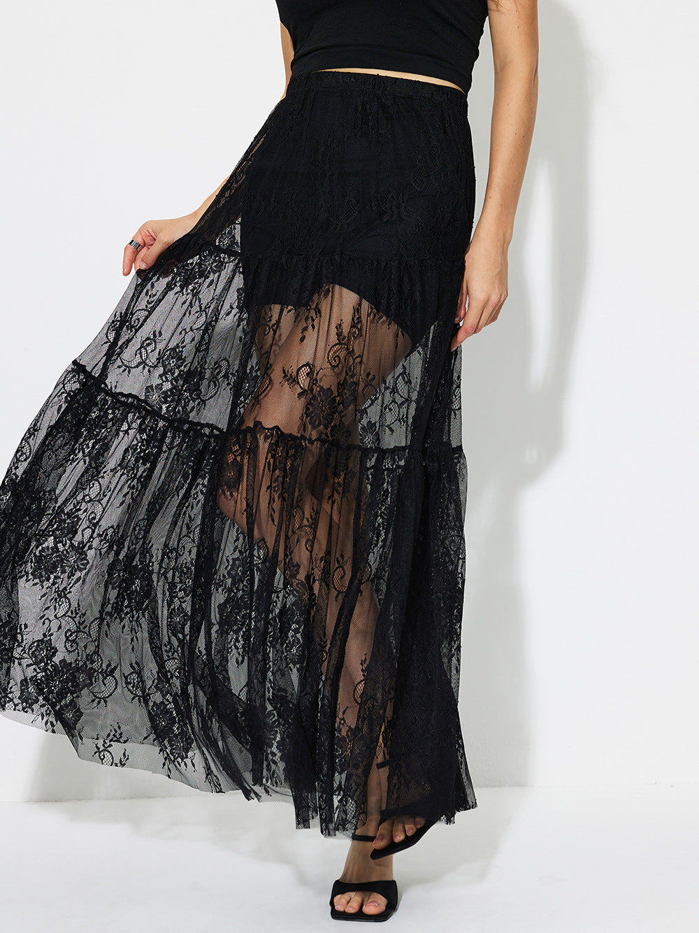 Tiered Sheer Lace Maxi Skirt