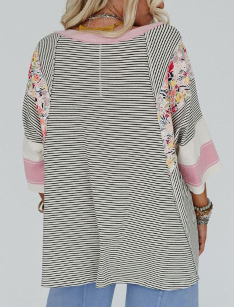 Striped Floral Panel Raglan Top