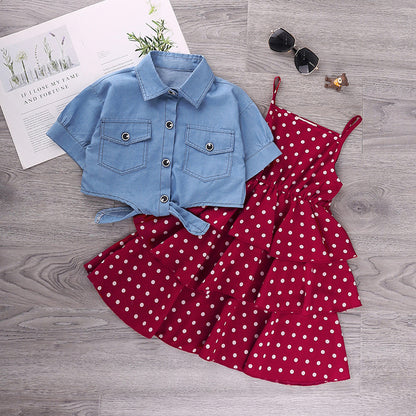 Denim Shirt and Polka Dot Layered Mini Skirt Set (Kids)