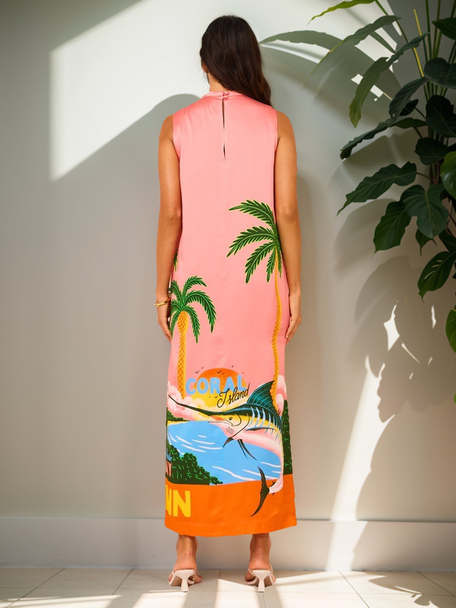 Beach Print Sleeveless Slit Maxi Dress