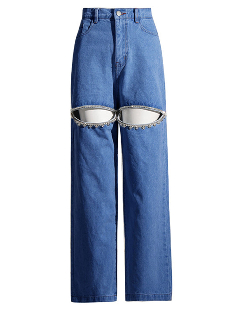 Cutout Rhinestone Straight-Leg Jeans