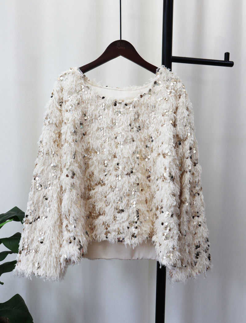 Sequin Fringe Sweater with Balloon Sleeves