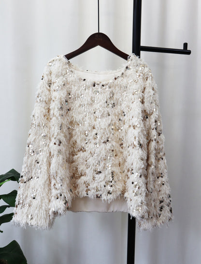 Sequin Fringe Sweater with Balloon Sleeves