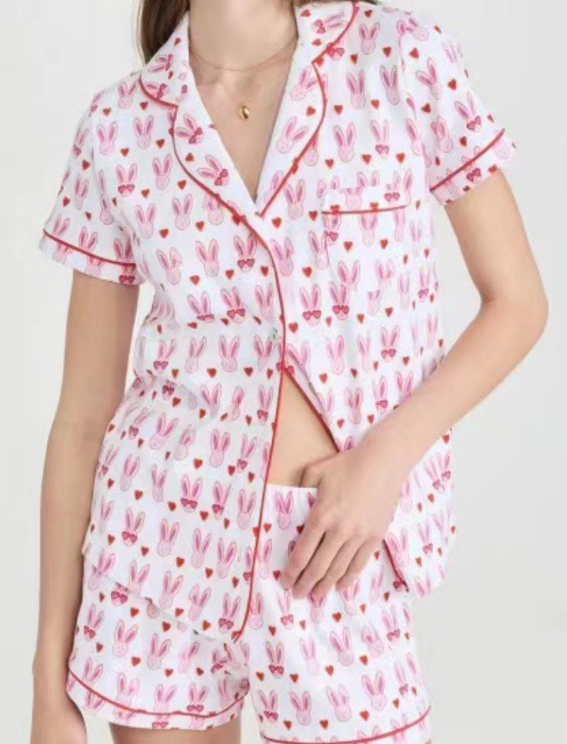 Printed Pajama Set with Contrast Piping