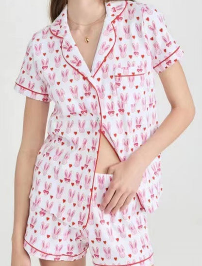 Printed Pajama Set with Contrast Piping