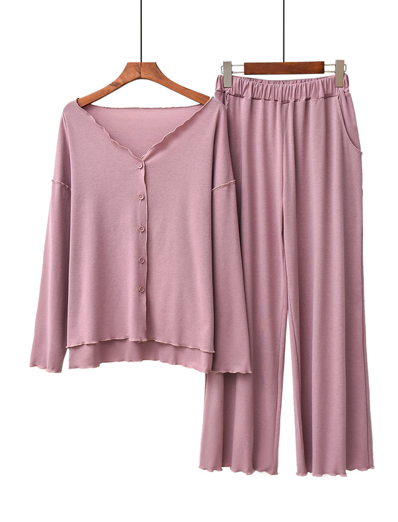 Long Sleeve Ruffle Trim Cardigan and Pants Loungewear Set