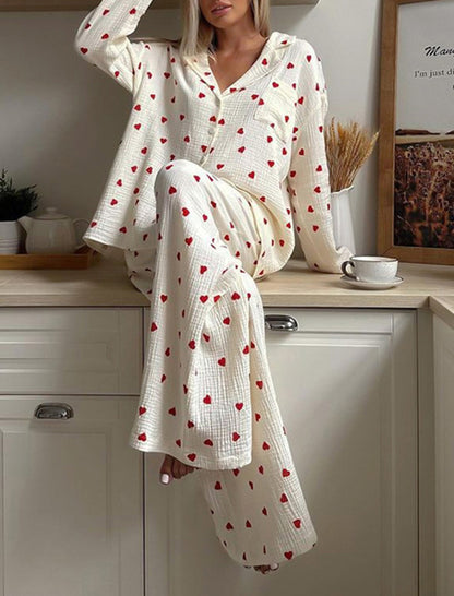 Heart Print Long Sleeve Pajama Set