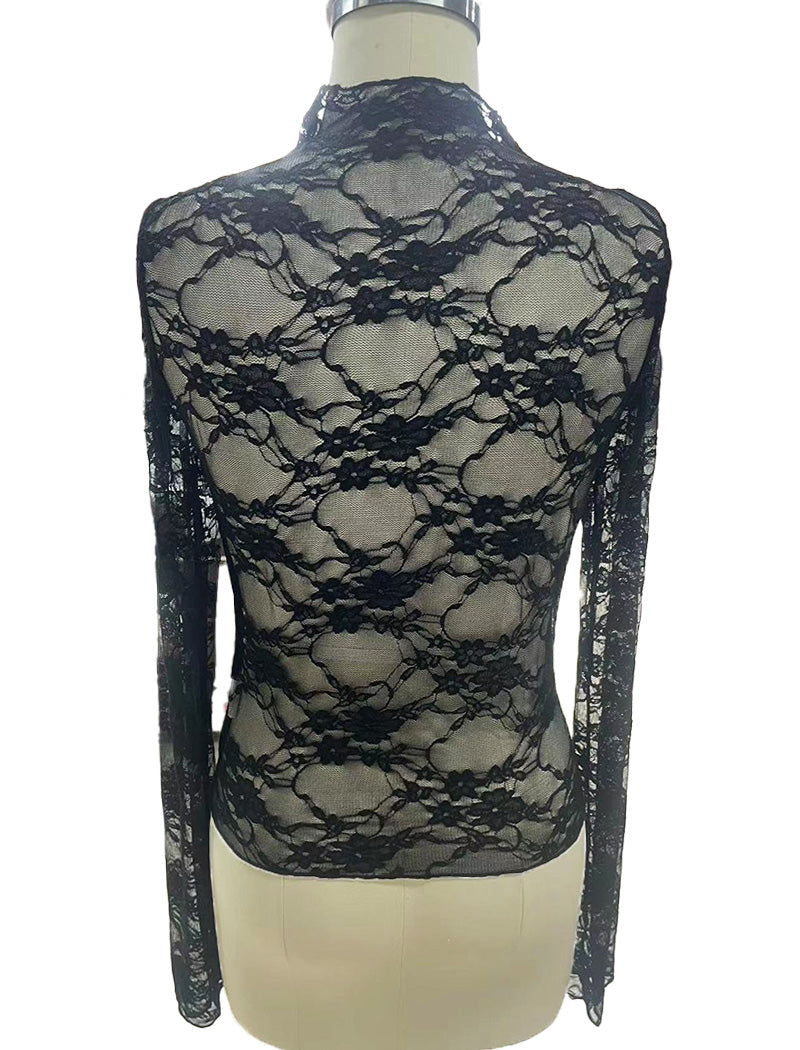 Sheer Floral Lace Top with Mock Neck