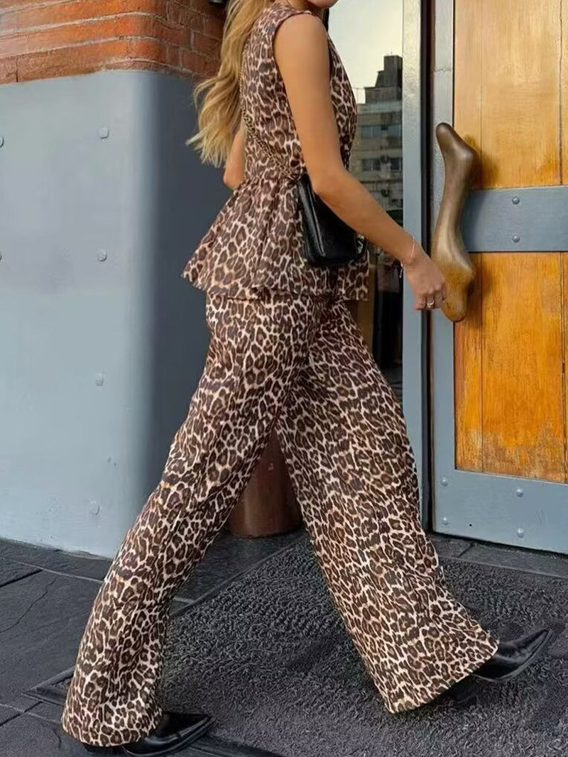 Leopard Print Vest and Wide-Leg Pants Set