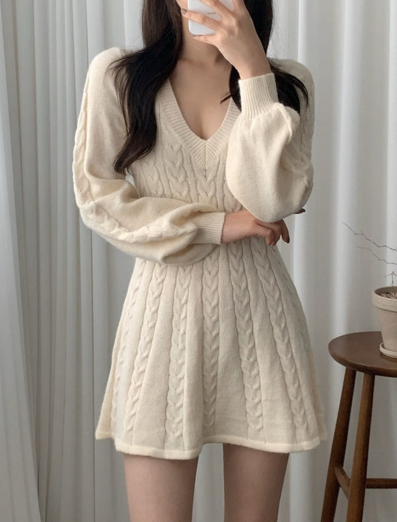 Cable Knit V-neck Sweater Dress