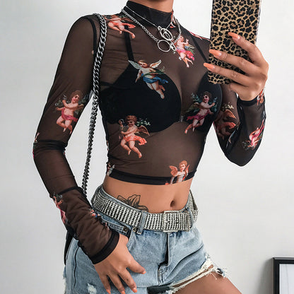 Sheer Mesh Long Sleeve Angel Print Top