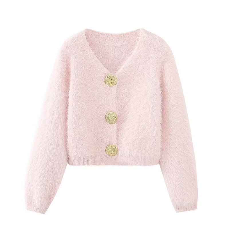 Button-Front Fuzzy Knit Cardigan