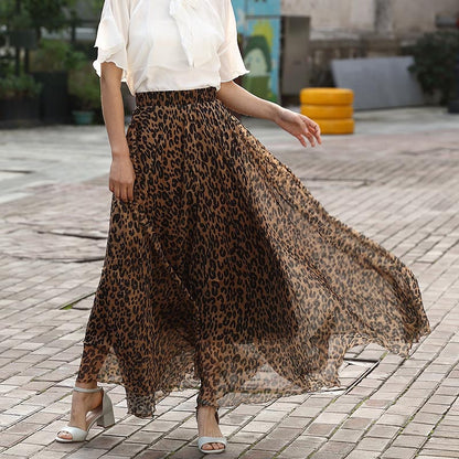 High-Waist Leopard Print Chiffon Skirt