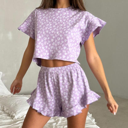 Graphic Ruffle Hem Cropped Shirt &amp; Shorts Pajama Set